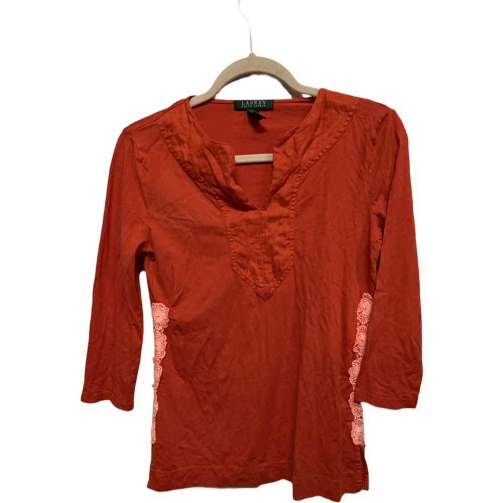 Lauren Ralph Lauren Orange Cotton Tunic Top XS Crochet Lace 3/4 Sleeve Boho